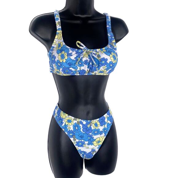 New Blue Ruched Floral Print Square Neck Y2K Bikini 90's Swimsuit Beach Retro - Picture 2 of 7